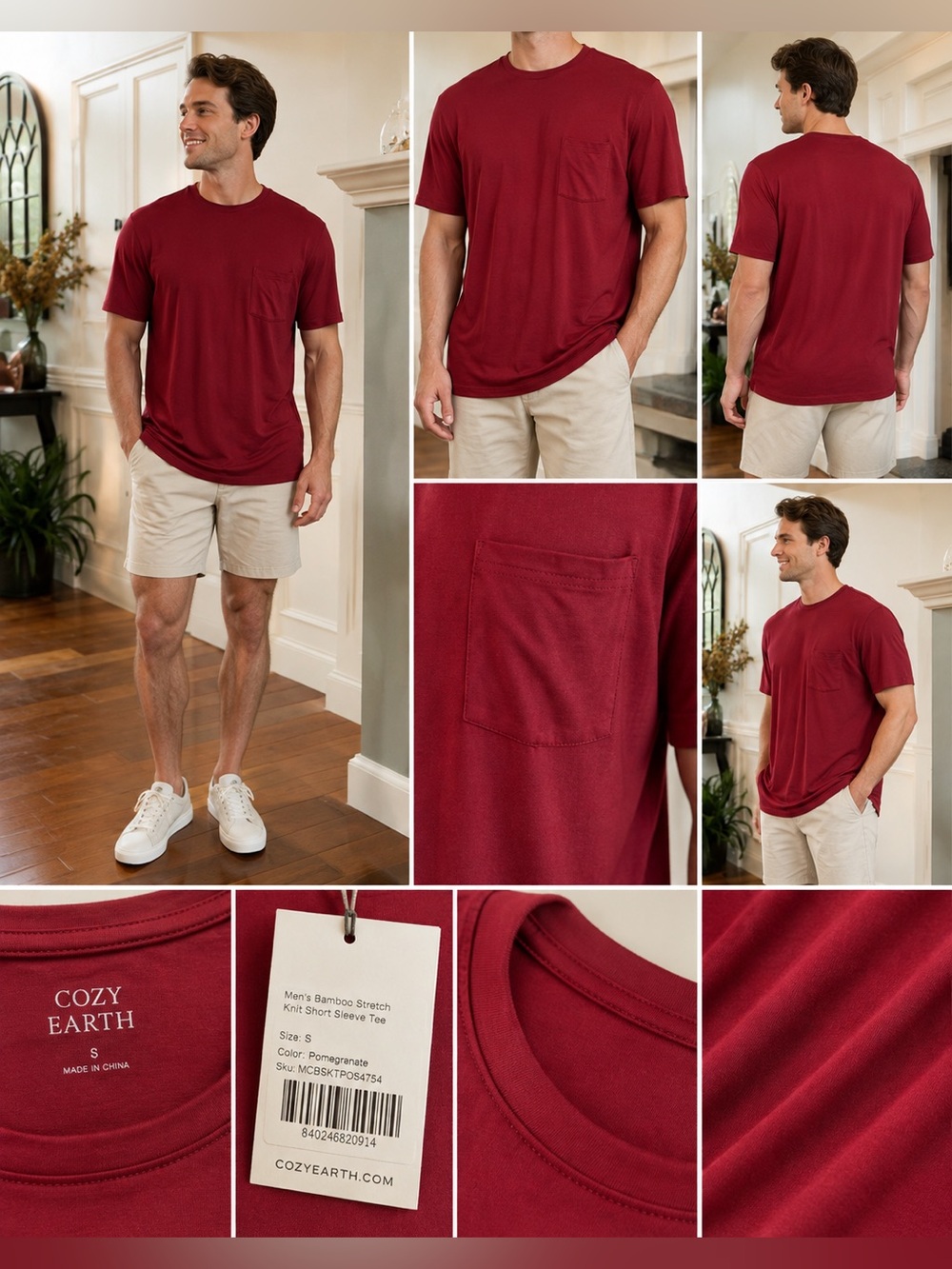Cozy Earth Men’s Bamboo Stretch Knit Pocket Tee Pomegranate Size Small
